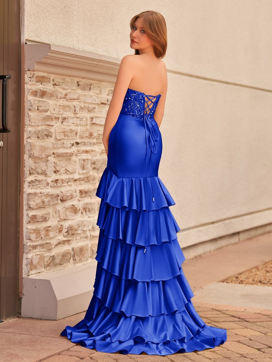 Yvonne | Charming Mermaid Strapless Pink Satin Long Prom Dresses with Appliques