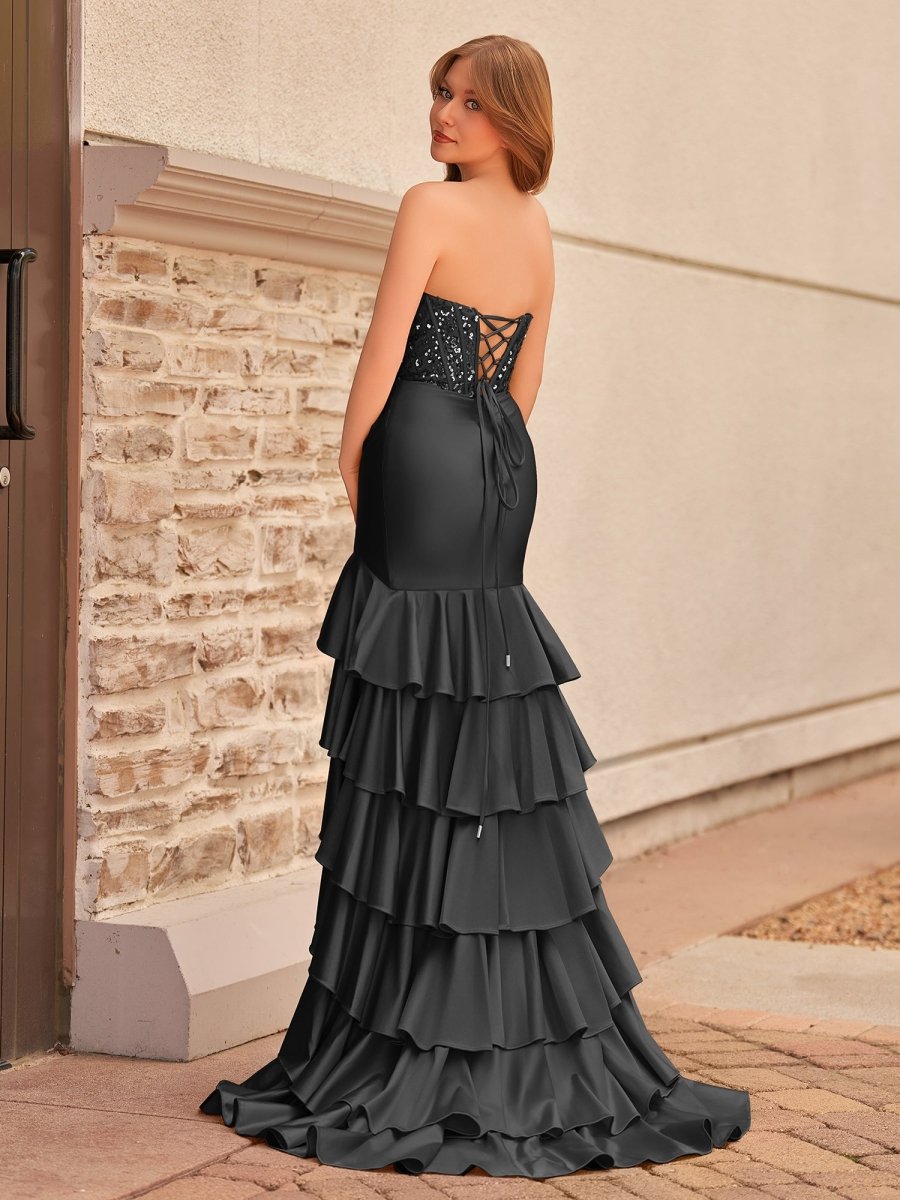 Yvonne | Charming Mermaid Strapless Pink Satin Long Prom Dresses with Appliques