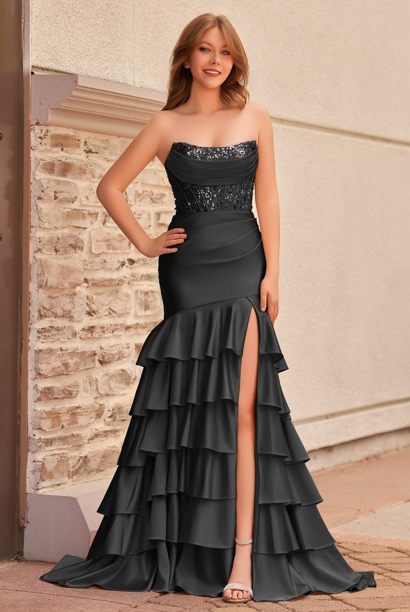 Yvonne | Charming Mermaid Strapless Pink Satin Long Prom Dresses with Appliques