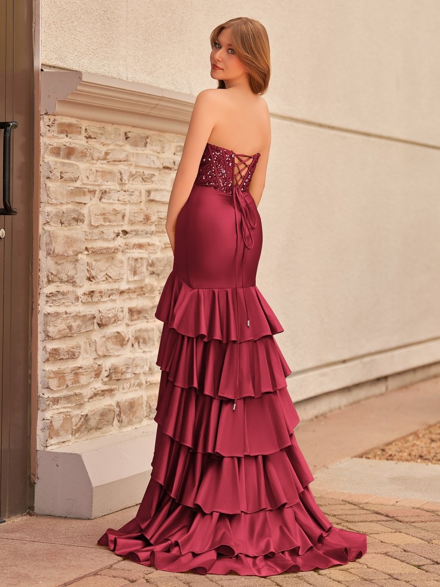 Yvonne | Charming Mermaid Strapless Pink Satin Long Prom Dresses with Appliques