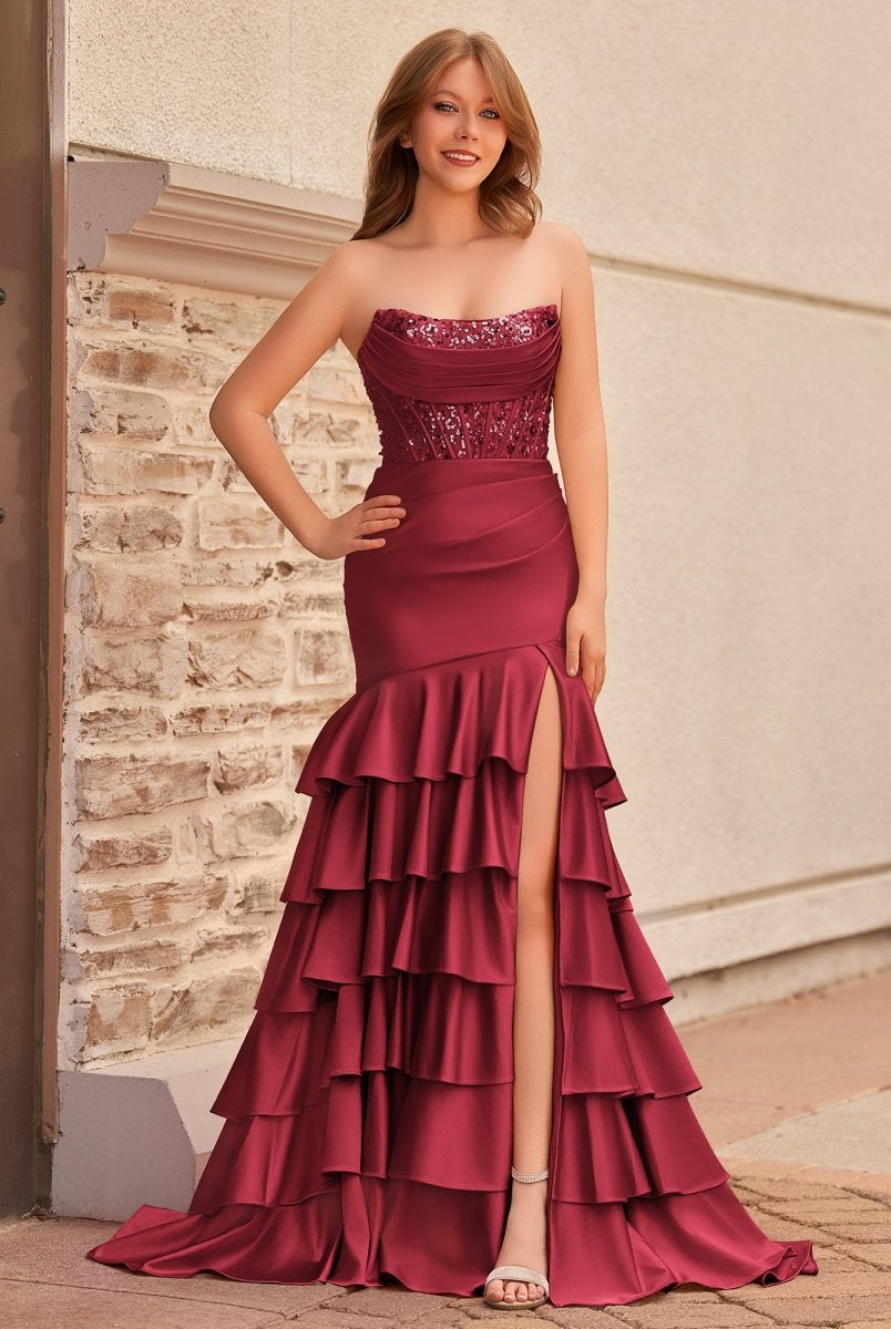 Yvonne | Charming Mermaid Strapless Pink Satin Long Prom Dresses with Appliques