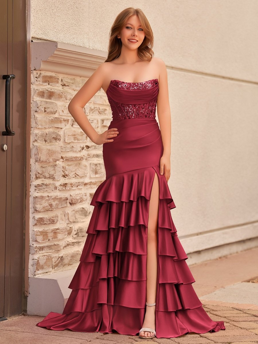 Yvonne | Charming Mermaid Strapless Pink Satin Long Prom Dresses with Appliques