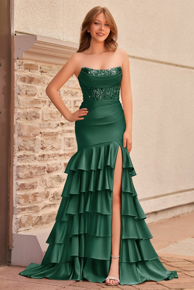 Yvonne | Charming Mermaid Strapless Pink Satin Long Prom Dresses with Appliques