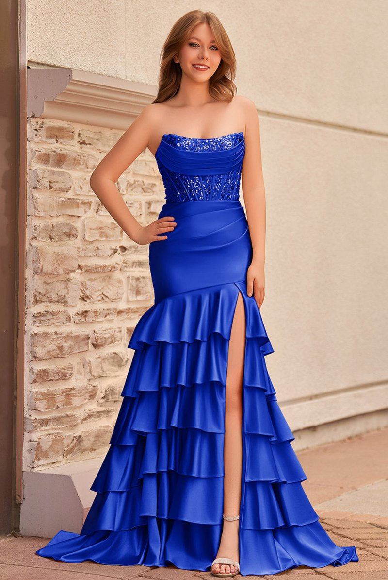 Yvonne | Charming Mermaid Strapless Pink Satin Long Prom Dresses with Appliques - KissProm