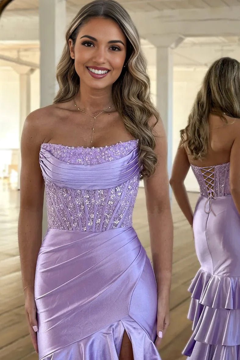 Yvonne | Charming Mermaid Strapless Pink Satin Long Prom Dresses with Appliques - KissProm
