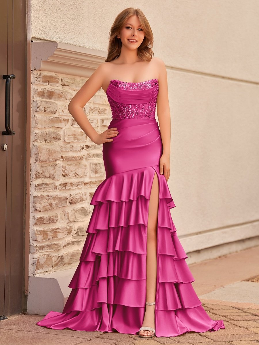 Yvonne | Charming Mermaid Strapless Pink Satin Long Prom Dresses with Appliques - KissProm