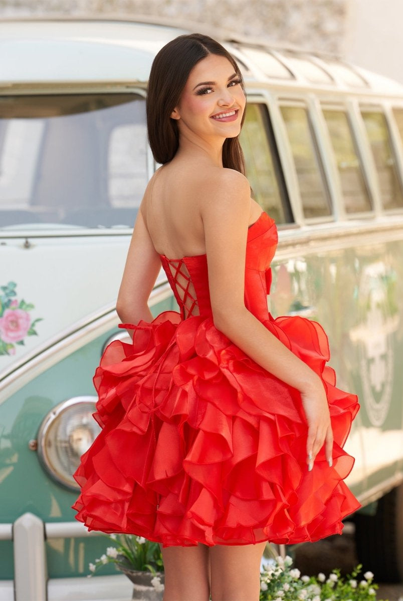 Zafrina | Red - A Line Strapless Corset Ruffles Short Homecoming Dresses with Bows