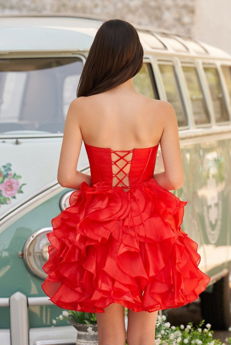 Zafrina | Red - A Line Strapless Corset Ruffles Short Homecoming Dresses with Bows