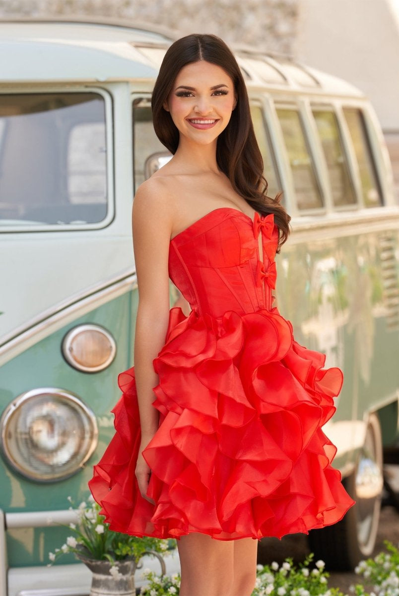 Zafrina | Red - A Line Strapless Corset Ruffles Short Homecoming Dresses with Bows