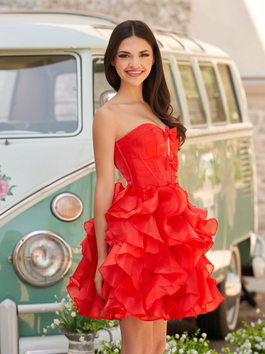 Zafrina | Red - A Line Strapless Corset Ruffles Short Homecoming Dresses with Bows