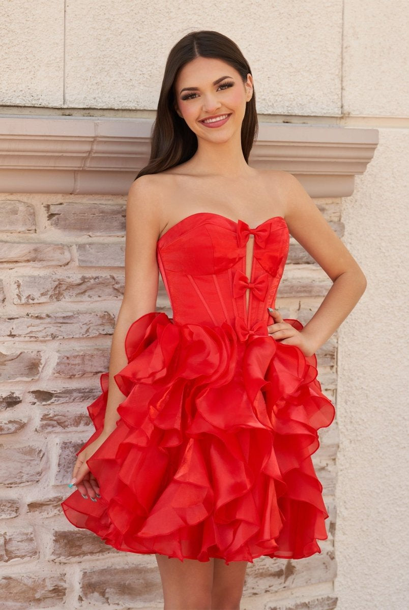 Zafrina | Red - A Line Strapless Corset Ruffles Short Homecoming Dresses with Bows