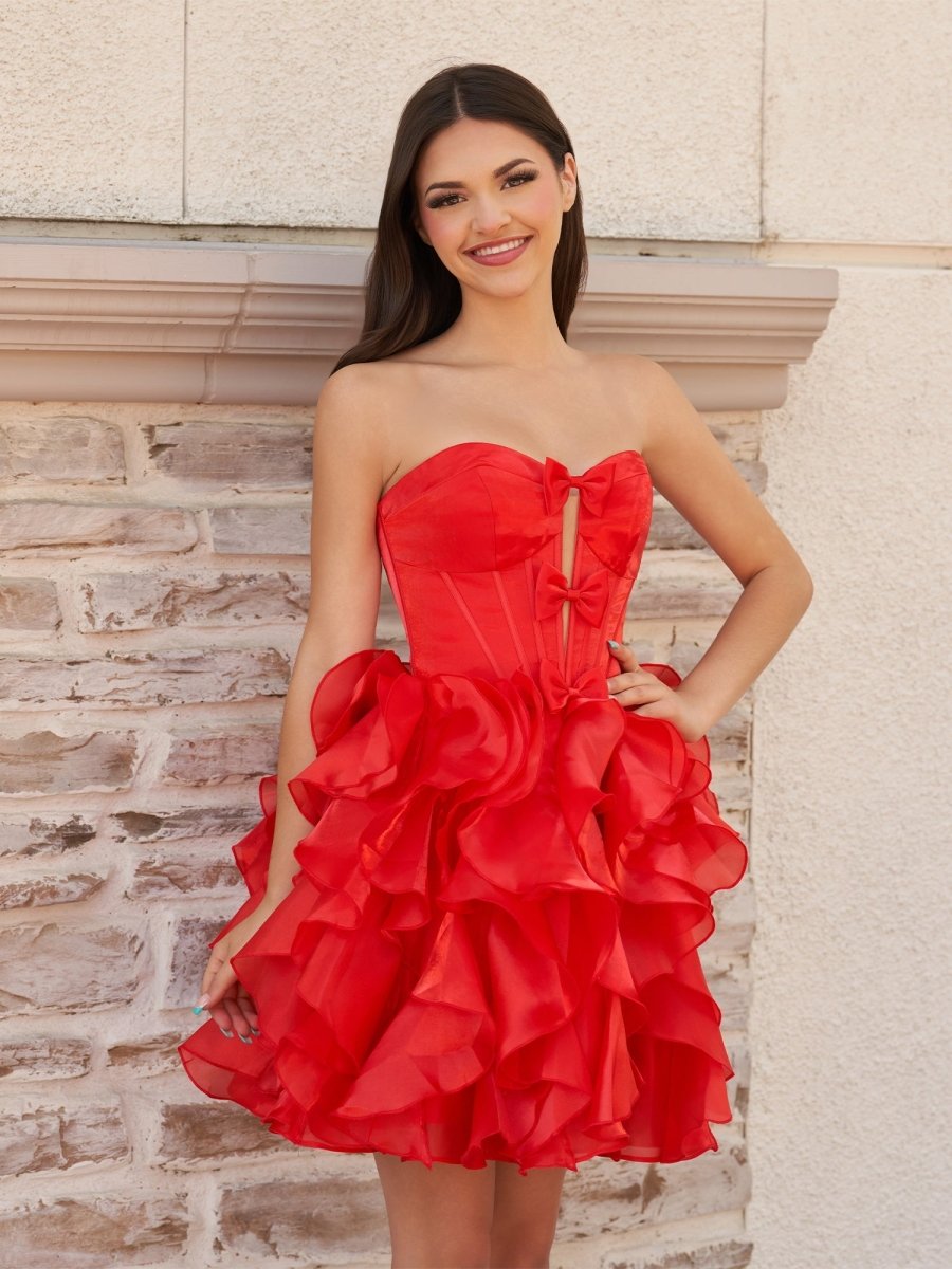 Zafrina | Red - A Line Strapless Corset Ruffles Short Homecoming Dresses with Bows