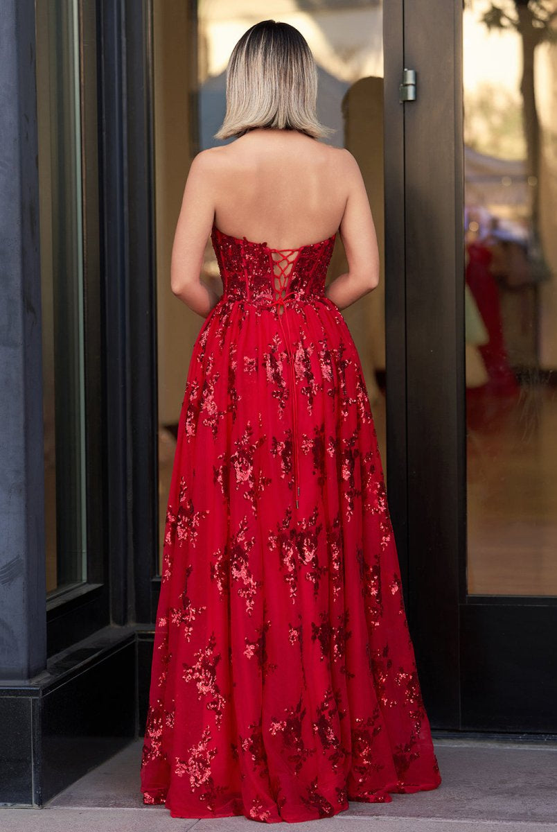 KissProm-Zara Red A Line Strapless Pleating Long Prom Dress With Applique