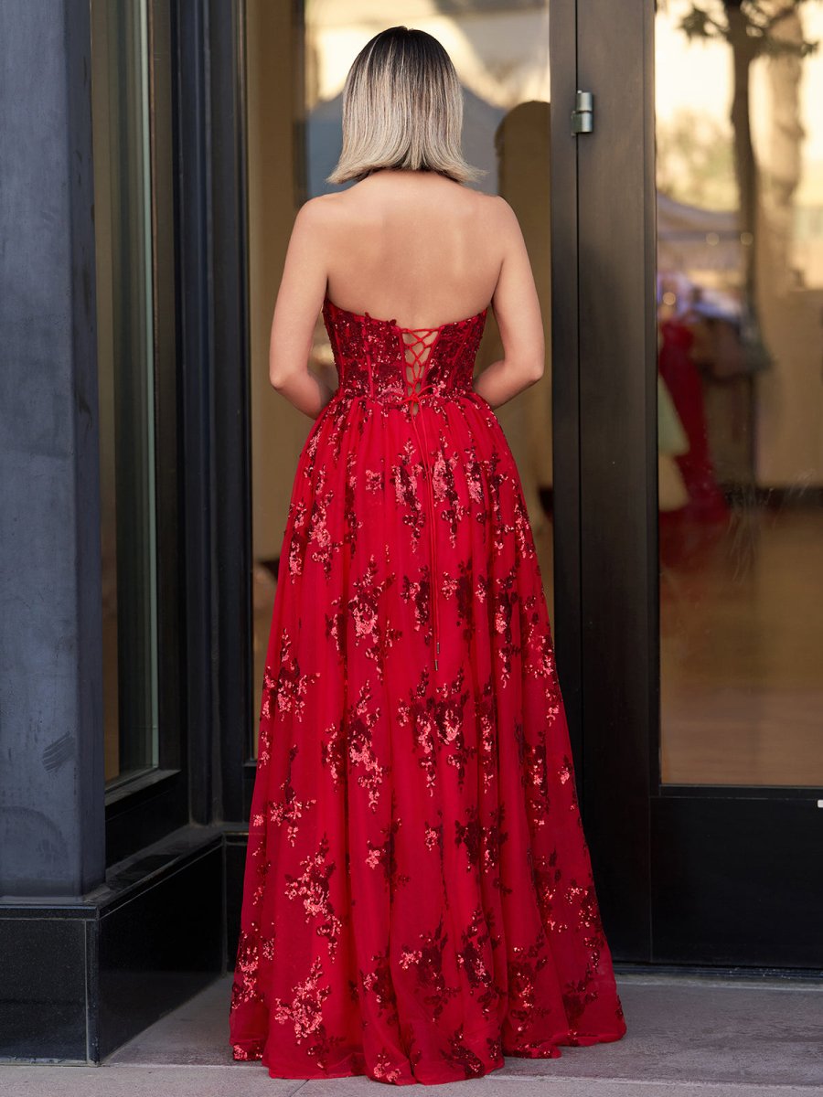 KissProm-Zara Red A Line Strapless Pleating Long Prom Dress With Applique