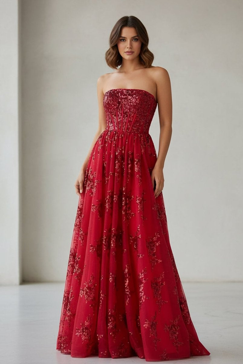 Zara | Red - A Line Strapless Pleating Long Prom Dress With Applique - KissProm