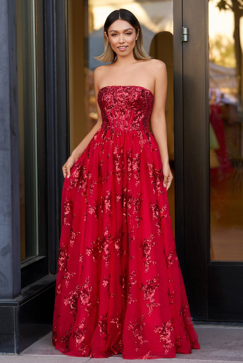 KissProm-Zara Red A Line Strapless Pleating Long Prom Dress With Applique