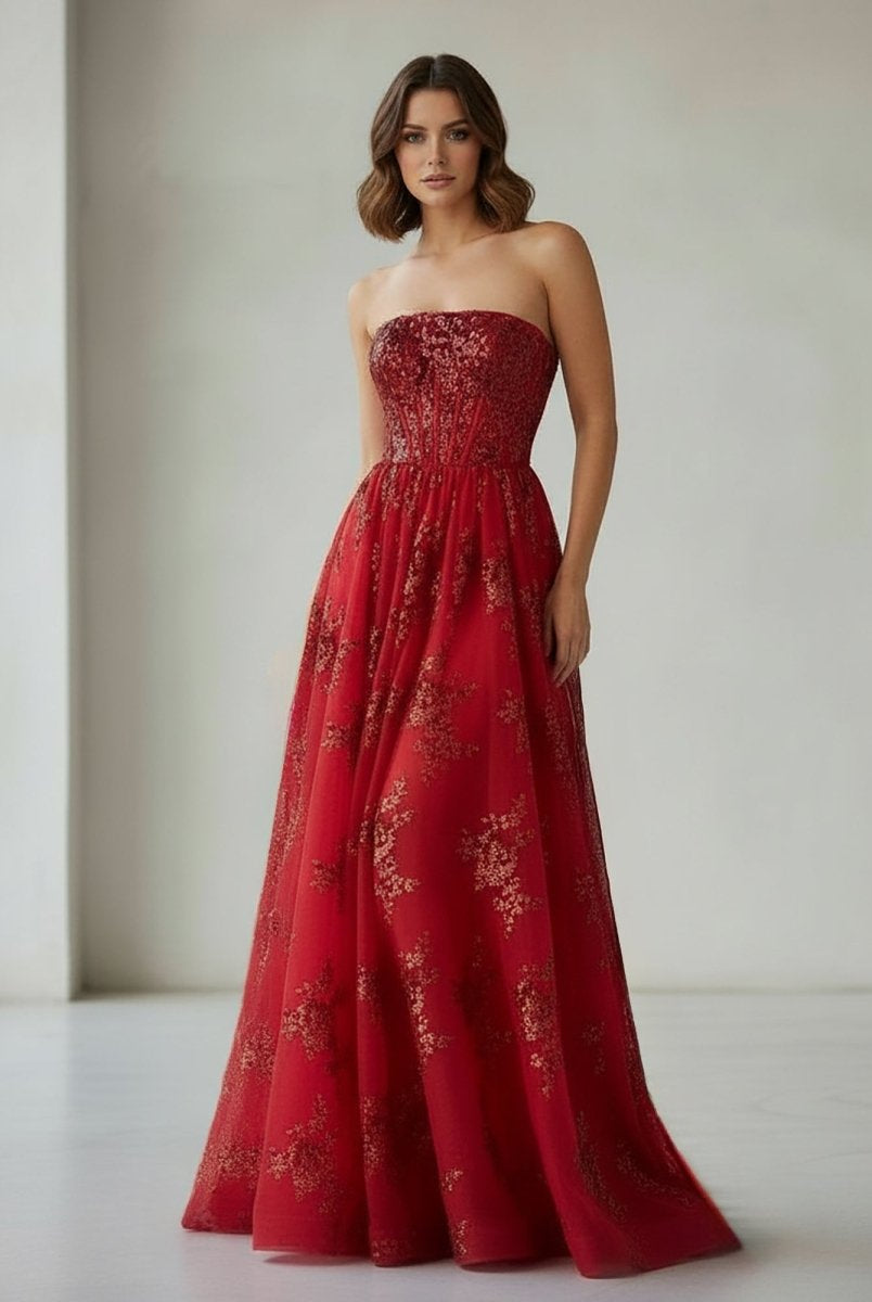 Zara | Red - A Line Strapless Pleating Long Prom Dress With Applique - KissProm
