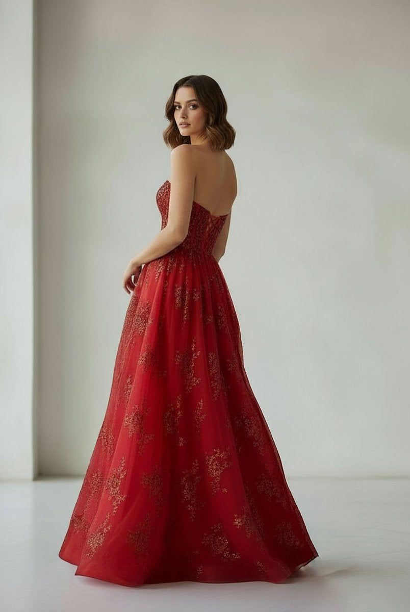 Zara | Red - A Line Strapless Pleating Long Prom Dress With Applique - KissProm