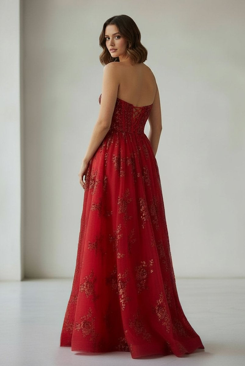 Zara | Red - A Line Strapless Pleating Long Prom Dress With Applique - KissProm