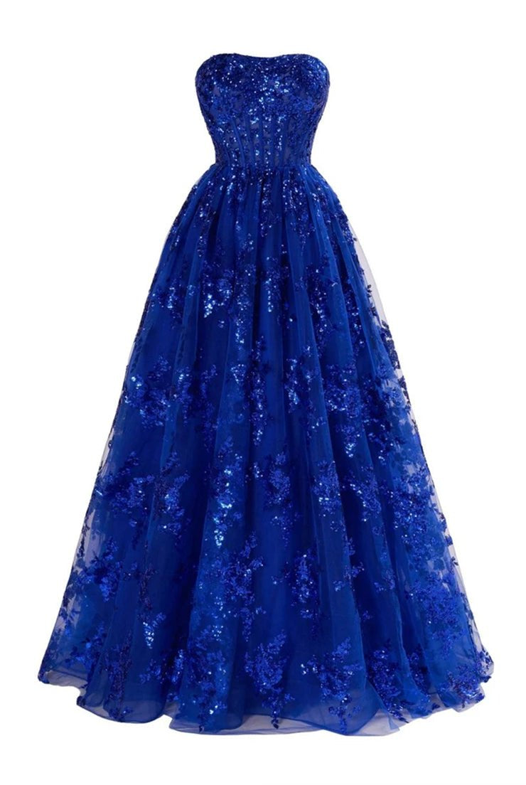 KissProm-Zara Royal Blue A Line Strapless Pleating Long Prom Dress With Applique