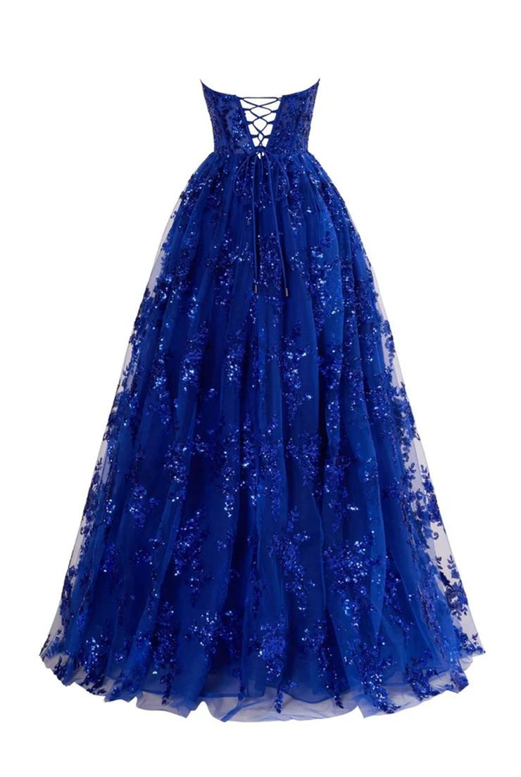 KissProm-Zara Royal Blue A Line Strapless Pleating Long Prom Dress With Applique