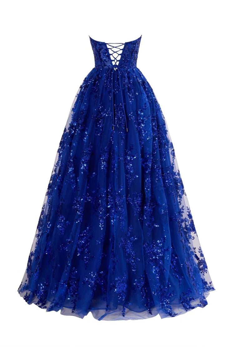 KissProm-Zara Royal Blue A Line Strapless Pleating Long Prom Dress With Applique