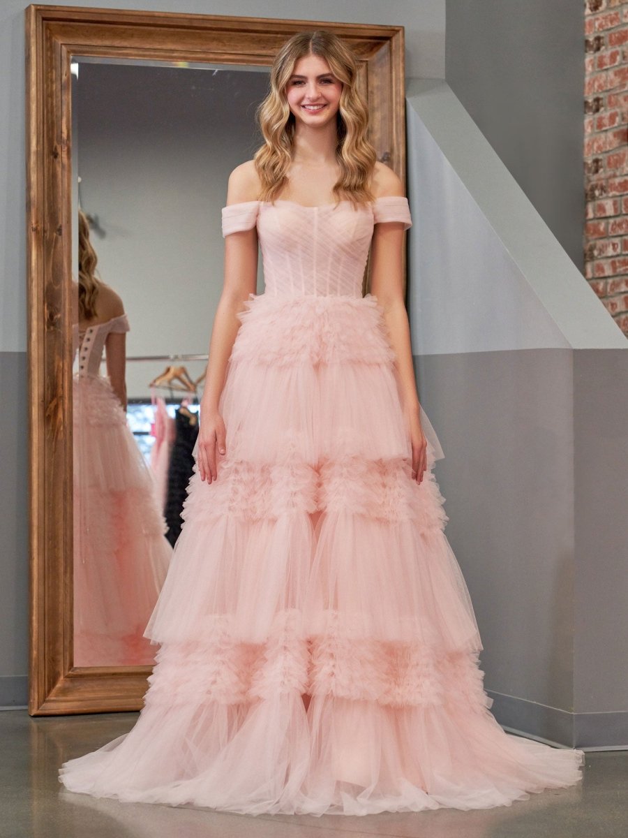 Zariah Blush Princess A Line Off Shoulder Ruffled Tulle Prom Dress Blush / 12 Zariah Blush Princess A Line Off Shoulder Ruffled Tulle Prom Dress Blush / 12