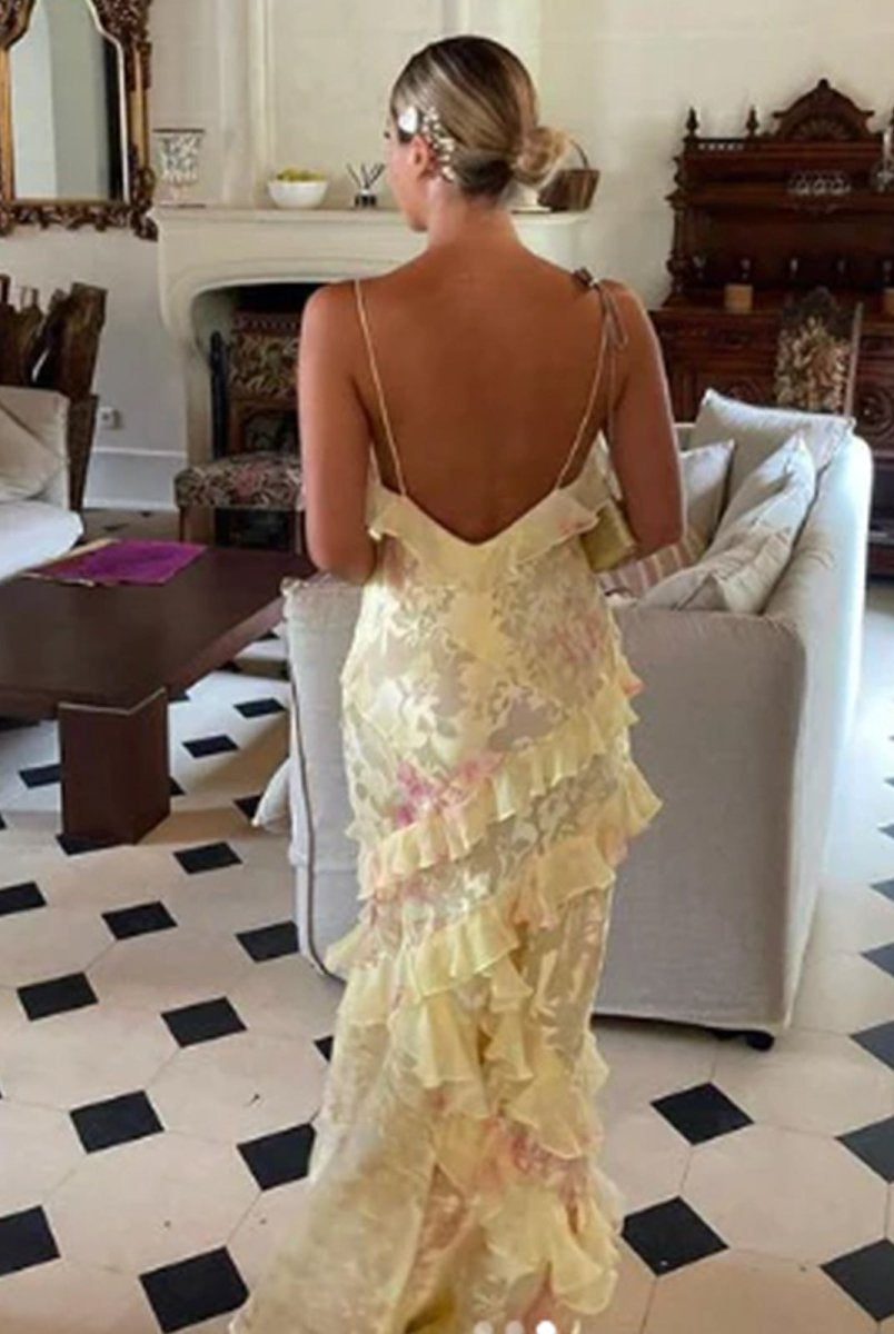 KissProm-Zaylee Yellow Spaghetti Straps Mermaid Long Prom Dress with Ruffles