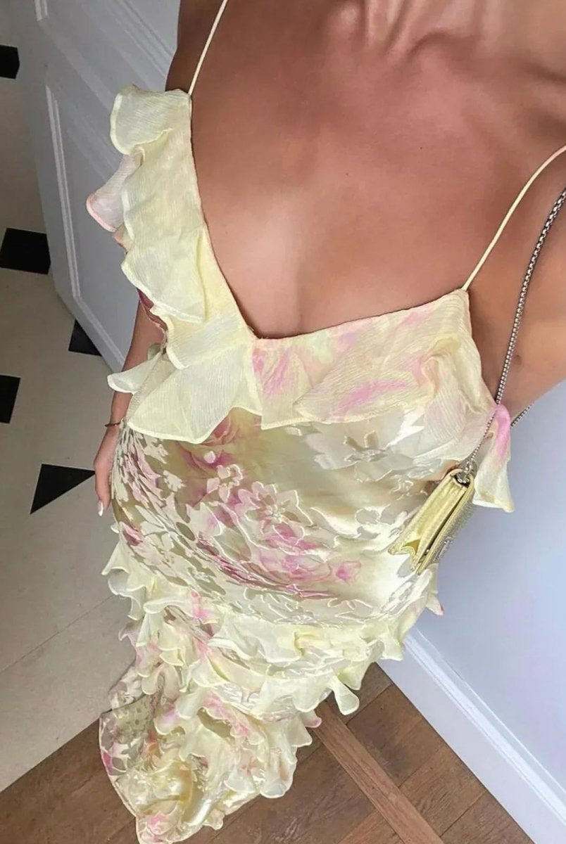 KissProm-Zaylee Yellow Spaghetti Straps Mermaid Long Prom Dress with Ruffles