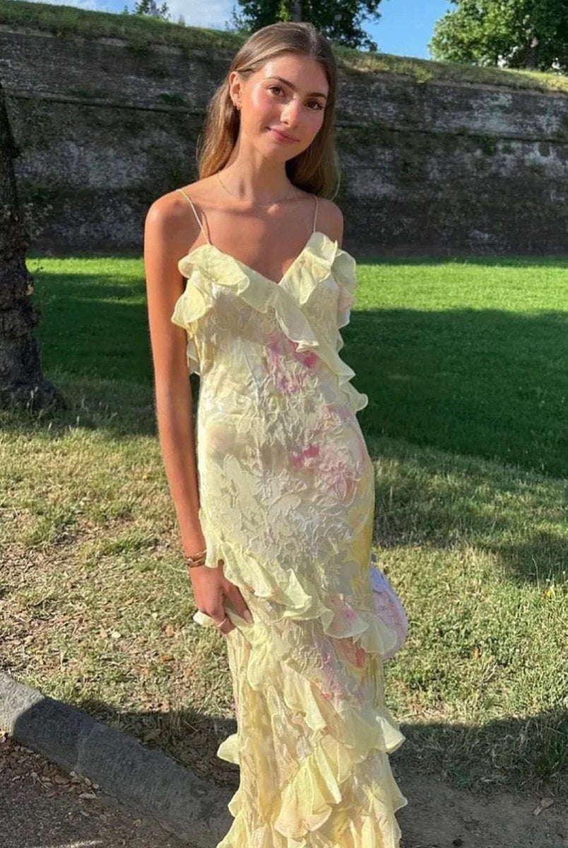 KissProm-Zaylee Yellow Spaghetti Straps Mermaid Long Prom Dress with Ruffles