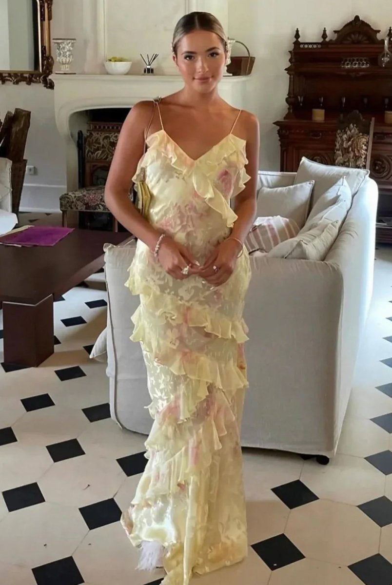 KissProm-Zaylee Yellow Spaghetti Straps Mermaid Long Prom Dress with Ruffles