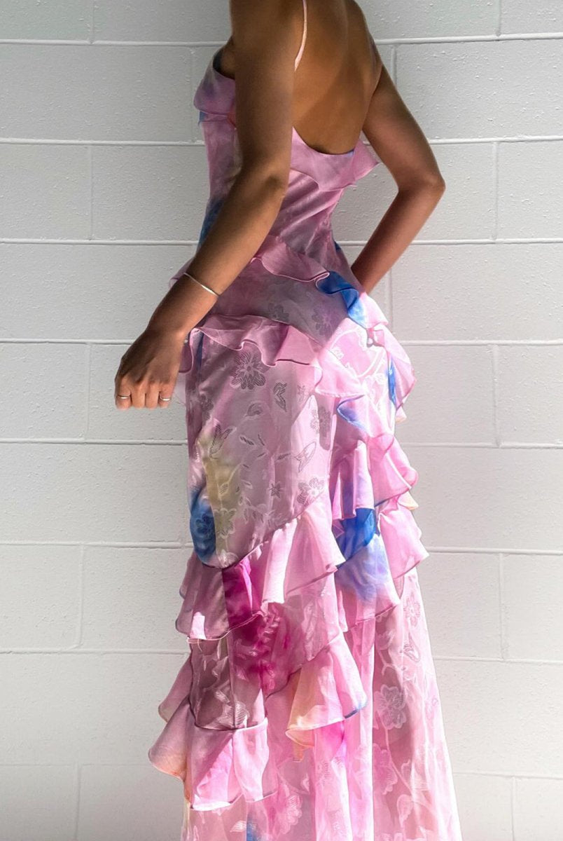 KissProm-Zaylee Pink Spaghetti Straps Mermaid Long Prom Dress with Ruffles