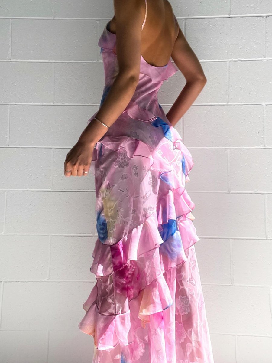 KissProm-Zaylee Pink Spaghetti Straps Mermaid Long Prom Dress with Ruffles