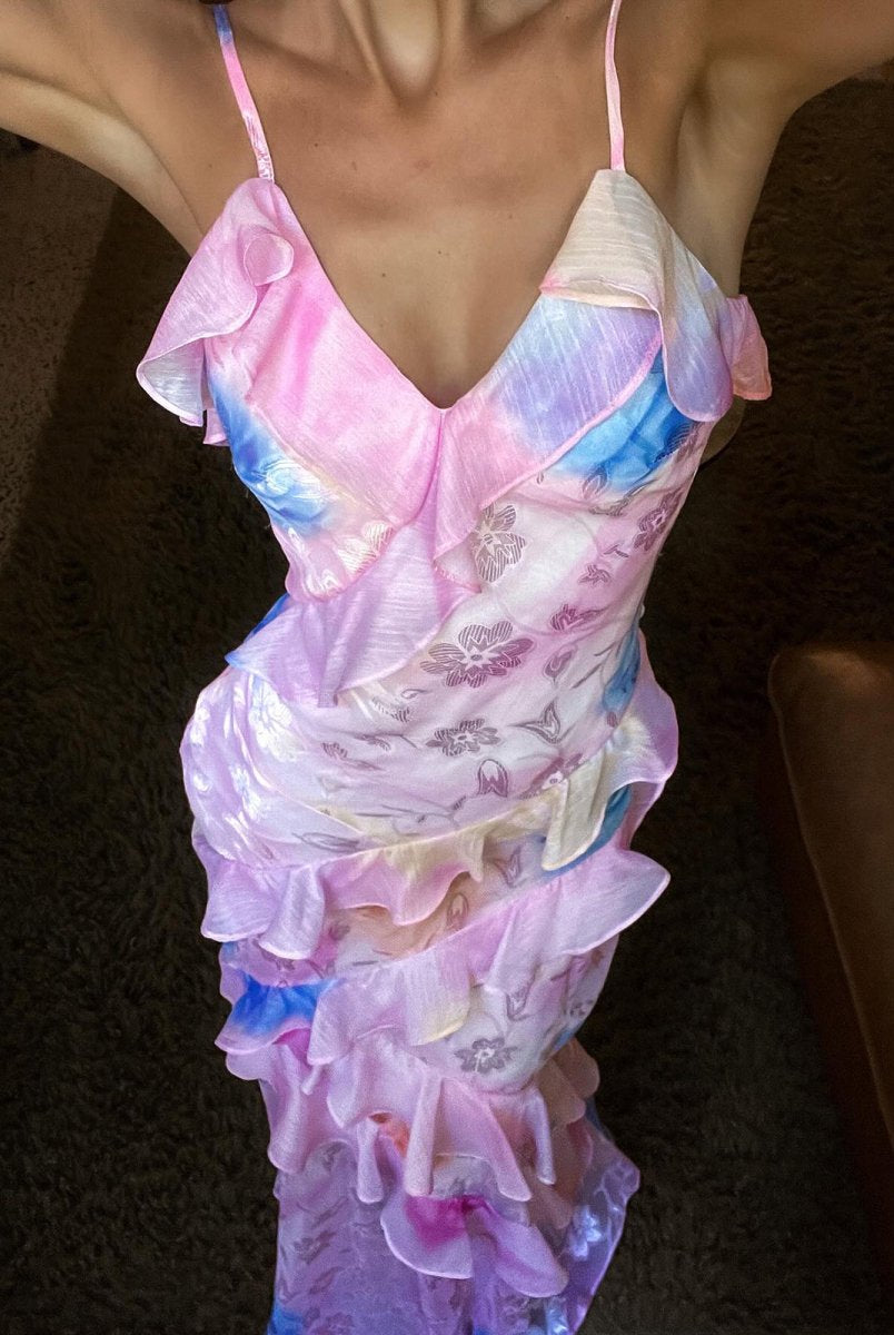 KissProm-Zaylee Pink Spaghetti Straps Mermaid Long Prom Dress with Ruffles