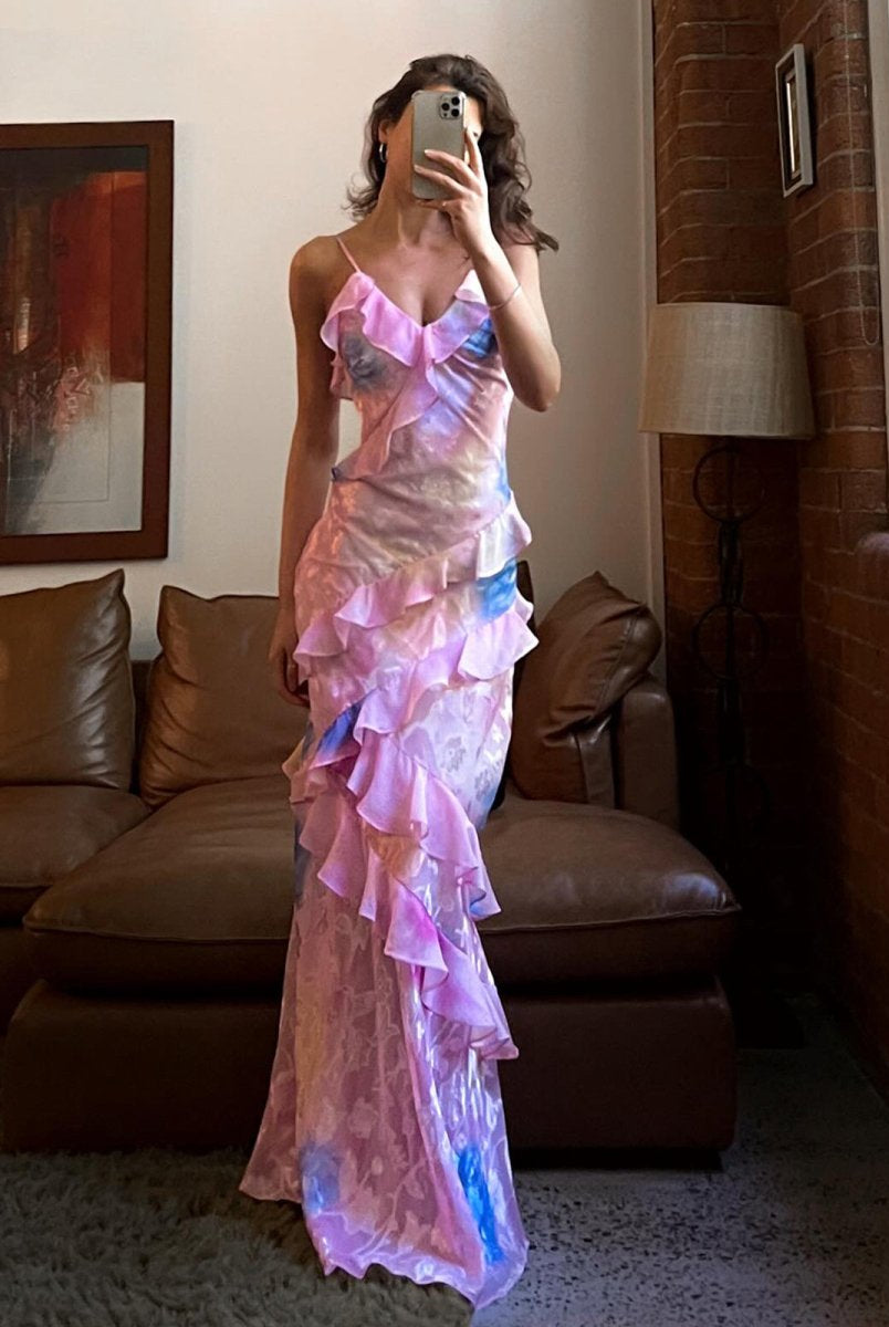 KissProm-Zaylee Pink Spaghetti Straps Mermaid Long Prom Dress with Ruffles