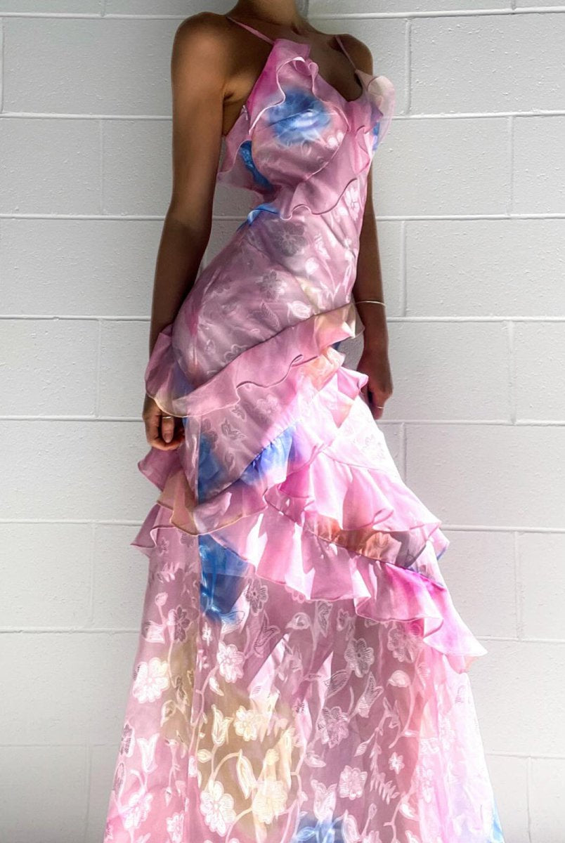 KissProm-Zaylee Pink Spaghetti Straps Mermaid Long Prom Dress with Ruffles