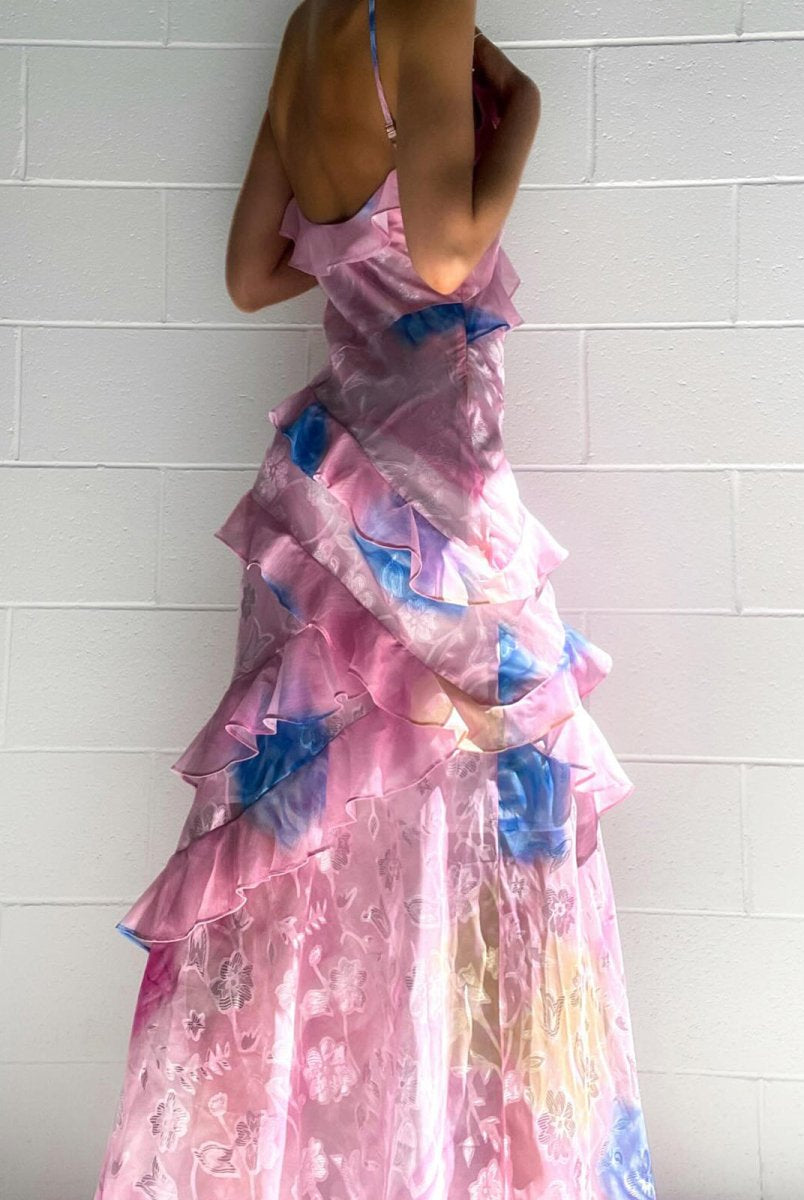 KissProm-Zaylee Pink Spaghetti Straps Mermaid Long Prom Dress with Ruffles