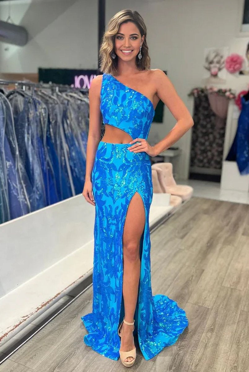 Zayna | Mermaid One Shoulder Keyhole Sequins Lace Long Prom Dresses with Slit
