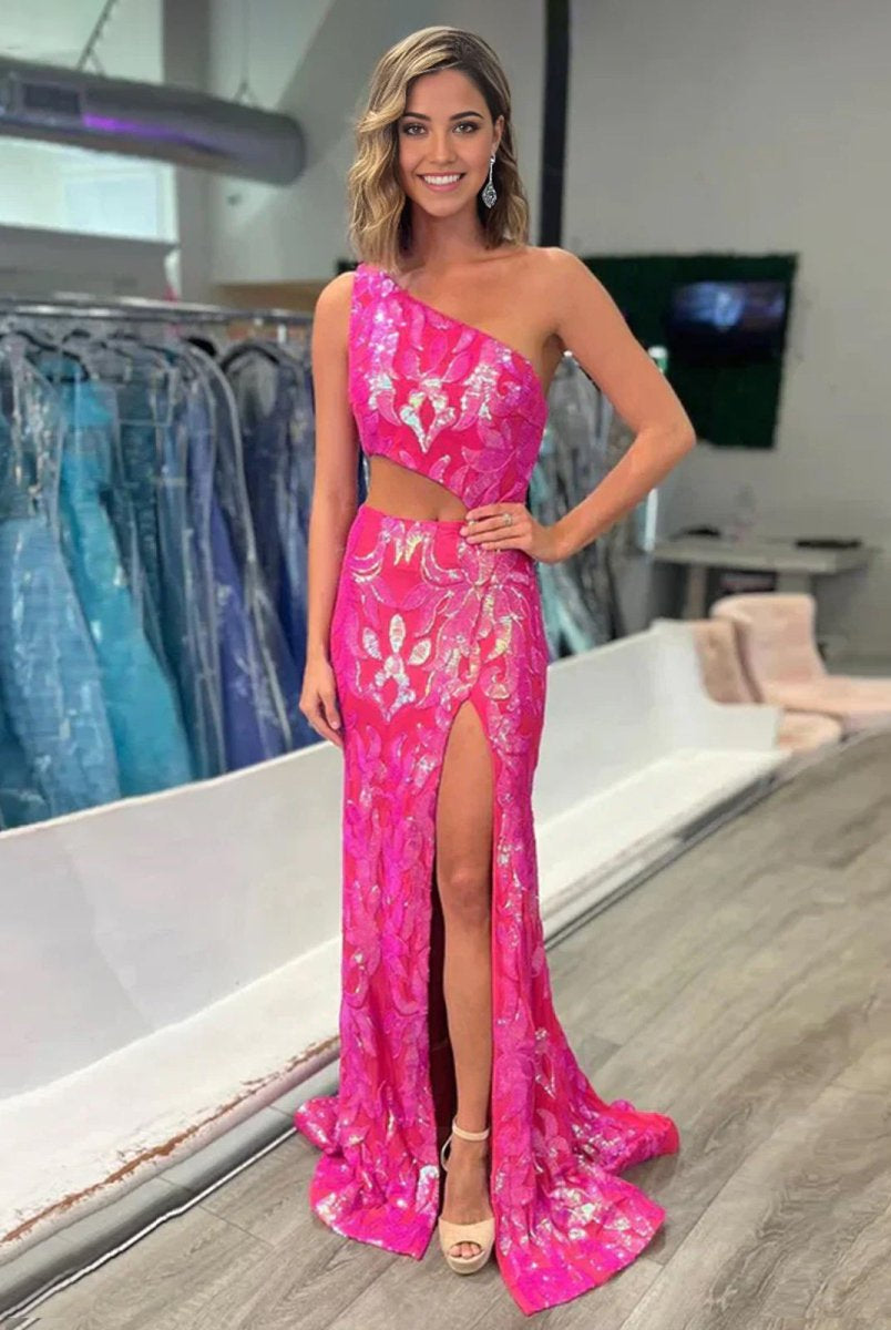 Zayna | Mermaid One Shoulder Keyhole Sequins Lace Long Prom Dresses with Slit