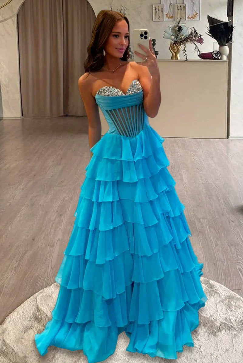 Zeren | Azure - Strapless A Line Chiffon Ruffled Formal Prom Dresses With Beading - KissProm