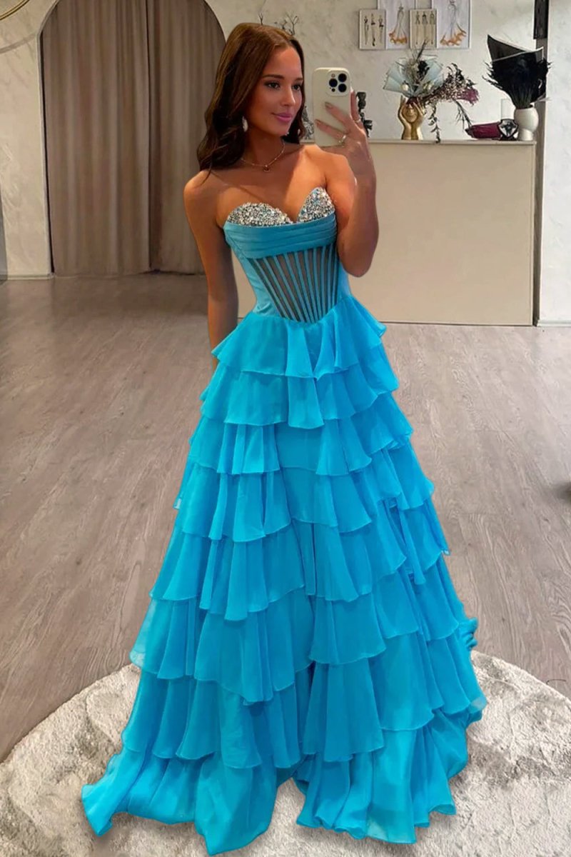 Azure - Strapless A Line Chiffon Ruffled Formal Prom Dresses With Bead Azure - Strapless A Line Chiffon Ruffled Formal Prom Dresses With Bead