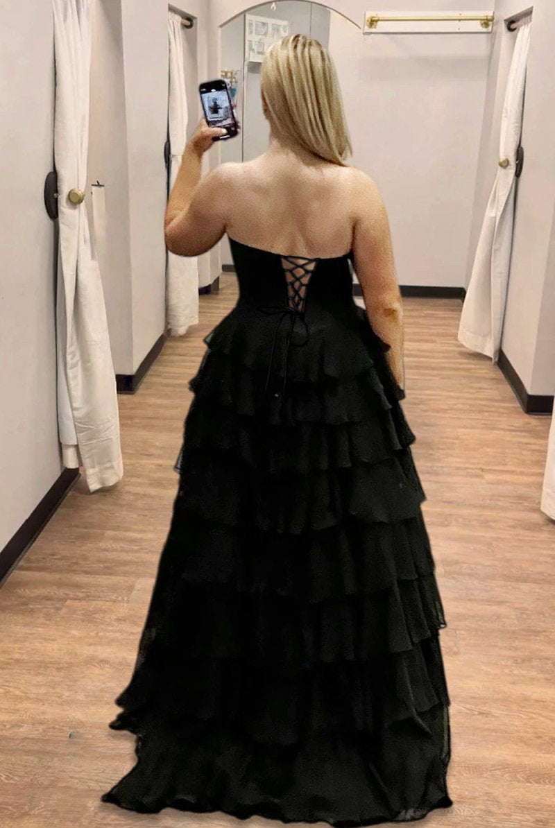 Zeren | Black - Strapless A Line Chiffon Ruffled Formal Prom Dresses With Beading - KissProm