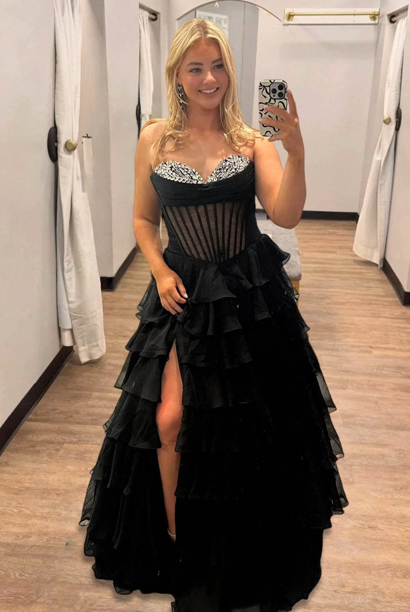 Zeren | Black - Strapless A Line Chiffon Ruffled Formal Prom Dresses With Beading - KissProm