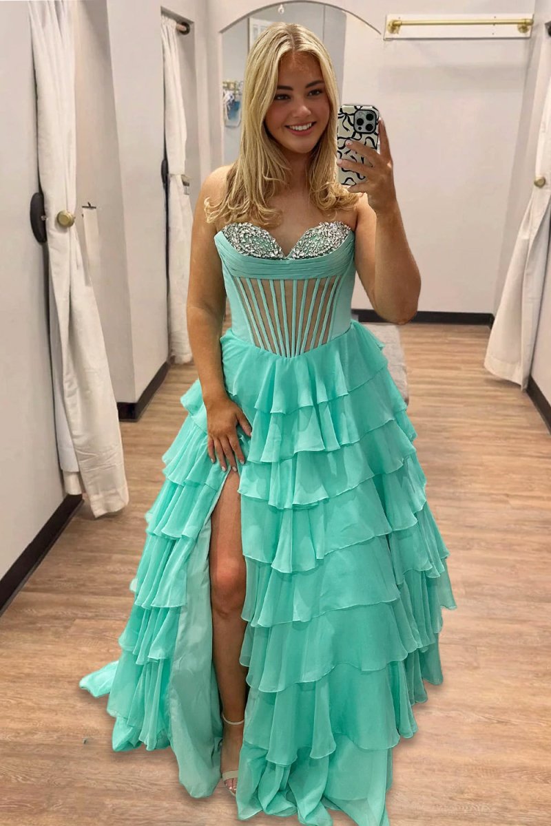 Zeren | Mint Green - Strapless A Line Chiffon Ruffled Formal Prom Dresses With Beading - KissProm