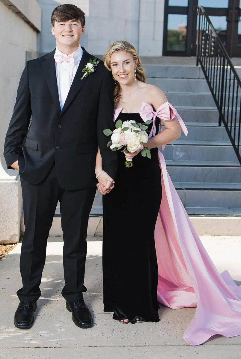 Zia | Off the Shoulder Pink Mermaid Long Velvet Prom Dress with Bows