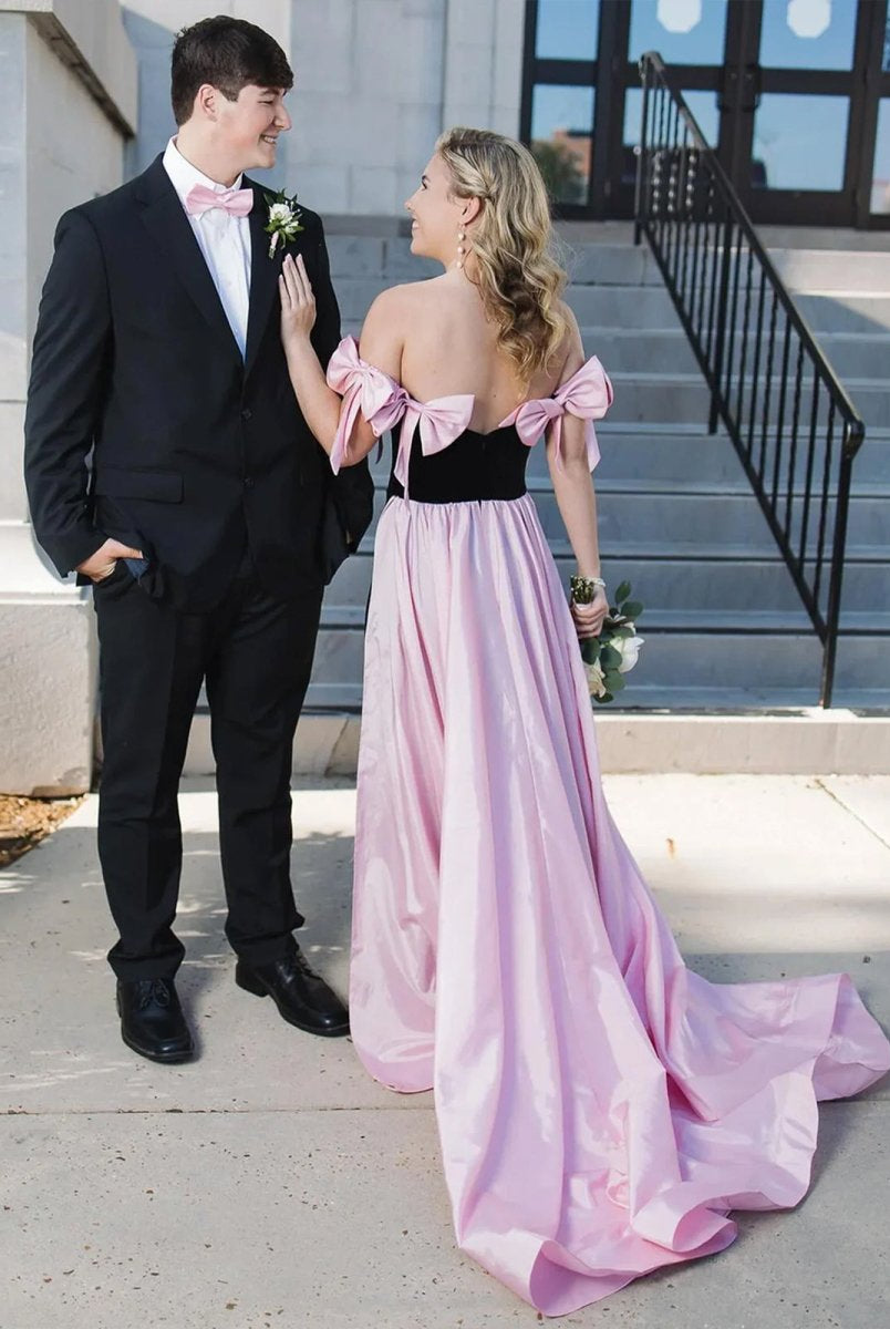 Zia | Off the Shoulder Pink Mermaid Long Velvet Prom Dress with Bows