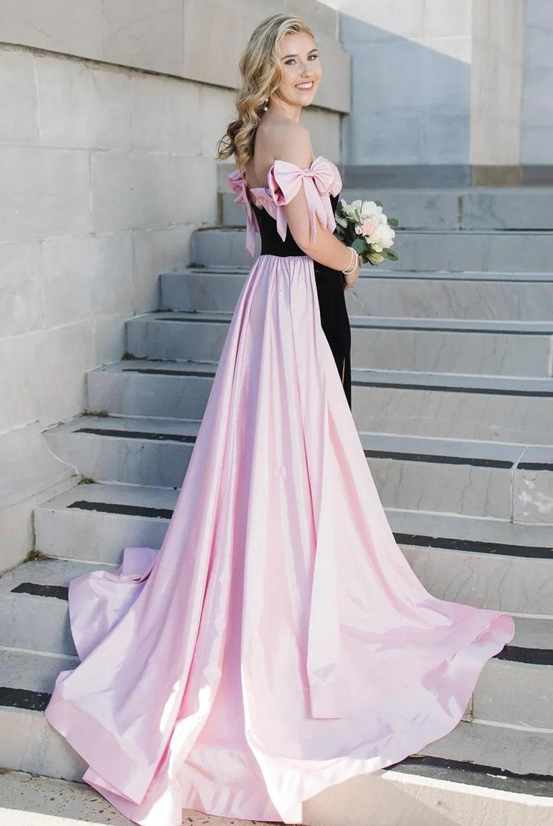 Zia | Off the Shoulder Pink Mermaid Long Velvet Prom Dress with Bows
