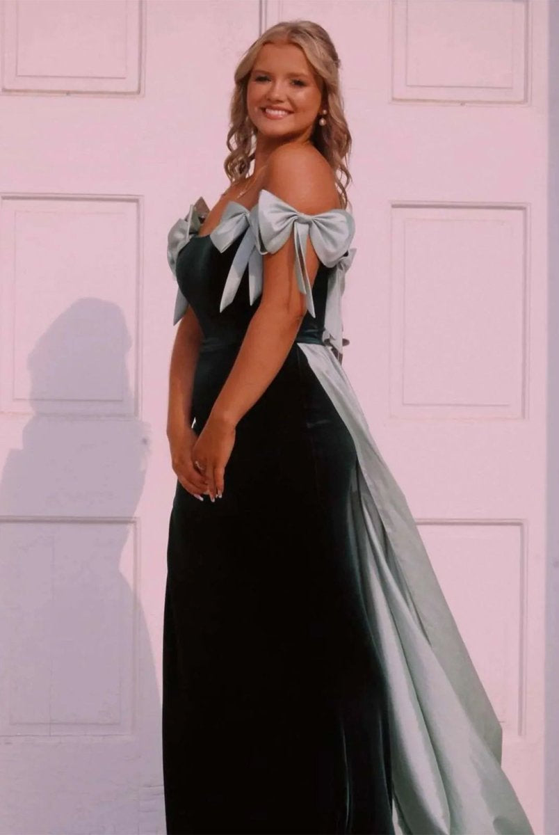 Zia | Off the Shoulder Pink Mermaid Long Velvet Prom Dress with Bows