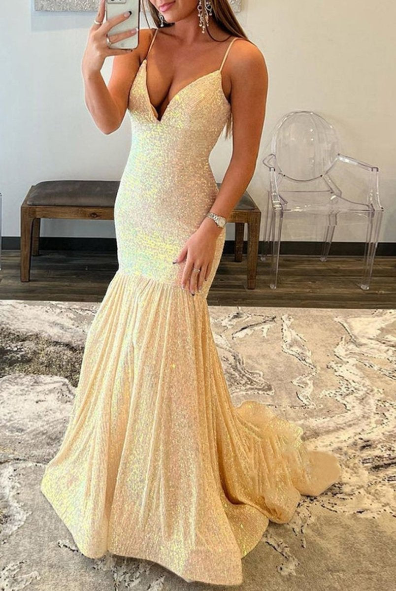 Amaris |Mermaid Orange V Neck Sequins Prom Dress - KissProm