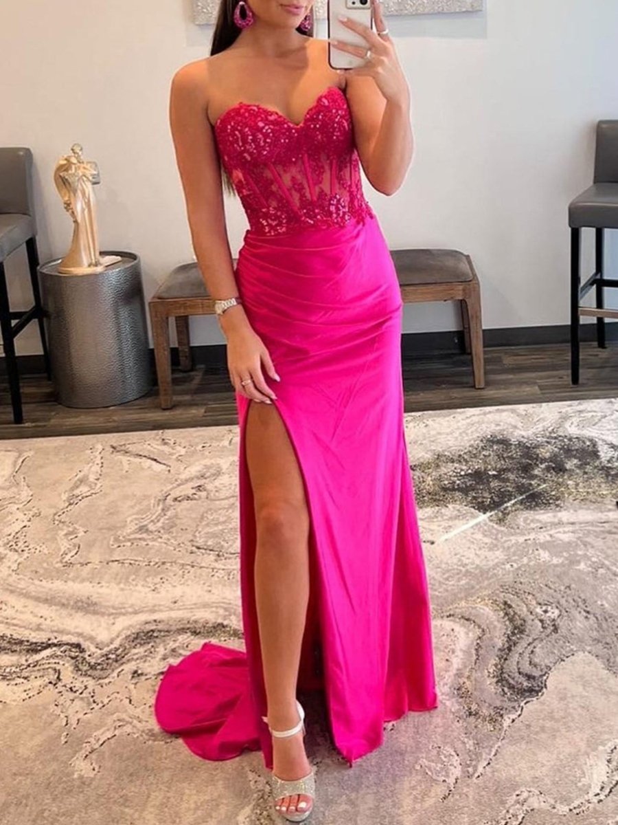 Ember Fuchsia Sheath Strapless Sweetheart Long Prom Dress with Slit